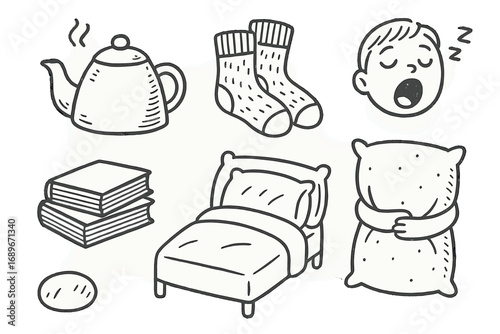 Cozy Nighttime Doodles. Cozy nighttime: hand drawn doodles of tea kettle, warm socks, soft bed, hug pillow, book stack, and yawn