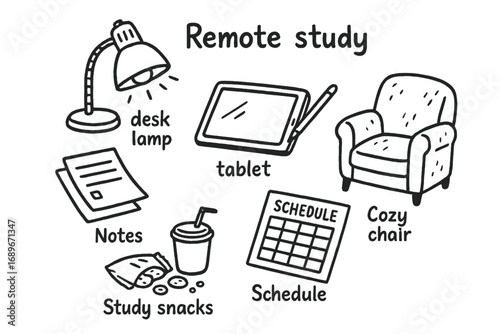 Remote Study Setup. Remote student setup: hand drawn doodles of desk lamp, tablet, notes, cozy chair, study snacks, and schedule