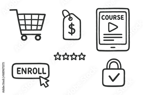 Course Shopping Doodles. Course shopping: hand drawn doodles of cart icon, price tag, course preview, enroll button, course rating