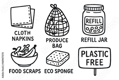 Eco-Friendly Kitchen Essentials. Sustainable kitchen: hand drawn doodles of cloth napkins, produce bag, refill jar, food scraps