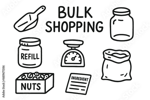 Bulk Shopping Essentials. Bulk shopping: hand drawn doodles of grain scoop, refill jar, weighing station, nut bin, cloth sack, and