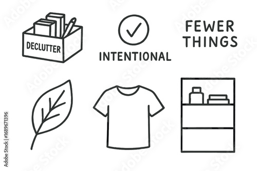 Minimalist Hand-Drawn Doodles. Minimalist lifestyle: hand drawn doodles of declutter box, intentional icon, fewer things,