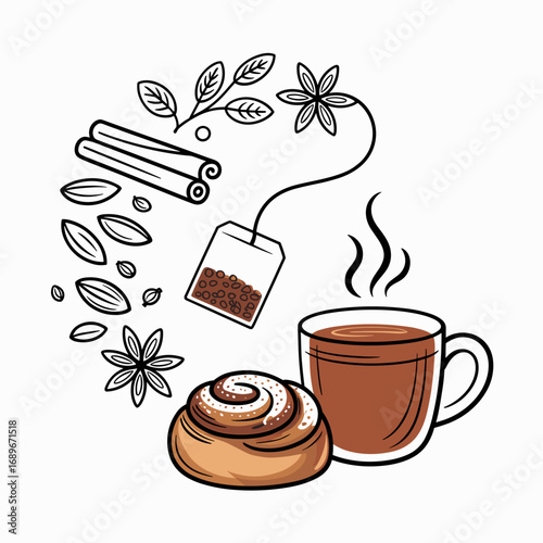 Chai Tea and Cinnamon Bun Vector Illustration