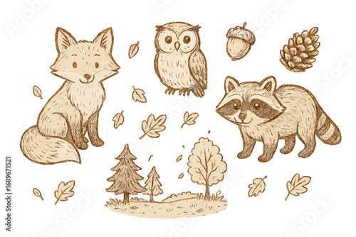 Fall Woodland Doodles. Woodland animals in fall: hand drawn doodles of fox, owl, raccoon, acorn, pinecone, and forest clearing.