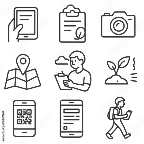 Field Data Icons. Line style icons of field data gathering: tablet in hand icon, outdoor clipboard record, GPS location pin on map