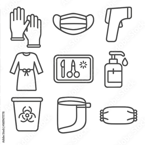 Healthcare Safety Icons. Line style icons of healthcare and medical safety tools: disposable gloves icon, surgical mask,