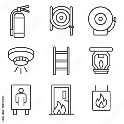 Fire Safety Icons. Line style icons of fire safety equipment: fire extinguisher icon, fire hose reel, wall-mounted fire alarm,