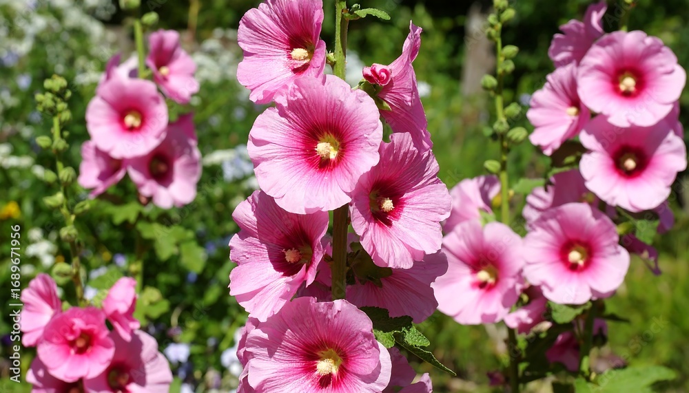 Fototapeta premium Vibrant pink flowers in a garden setting