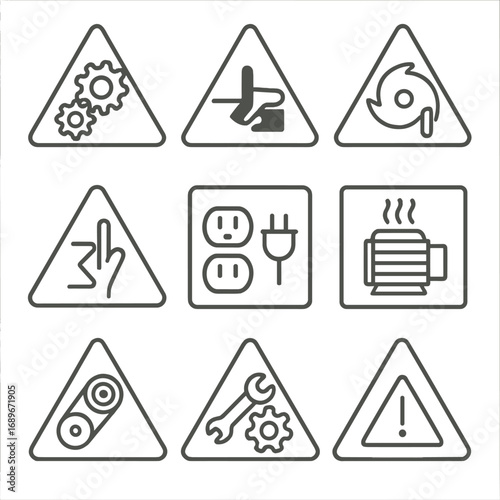 Machine Hazard Icons. Line style icons of machine and equipment hazard signs: moving parts warning, crushing hazard icon, rotating