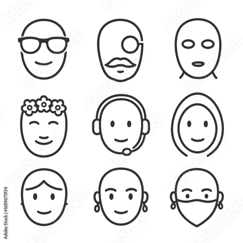 Facial Accessory Icons. Line style icons of facial accessory elements: face with sunglasses, mustache and beard icon, monocle eye