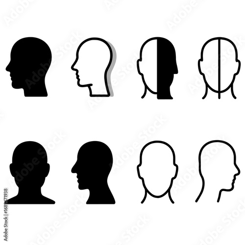 Shadow Face Icons. Line style icons of silhouette and shadow faces: filled black profile, contour with shadow overlay, partial
