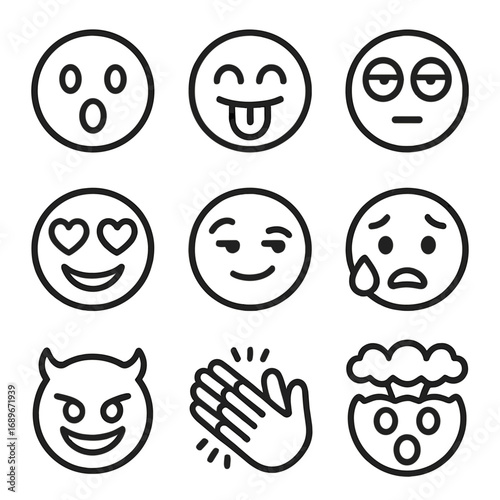 Emoji Icon Line Art. Line style icons of emoji-inspired icons: face with open mouth, tongue out face, eye roll icon, heart eyes