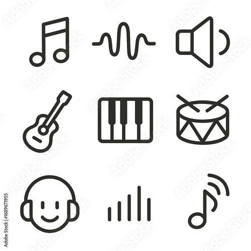 Musical Icon Line Art. Line style icons of simplified musical symbols: eighth note, music wave, speaker outline, guitar shape,