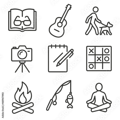Leisure and Hobby Icons. Line style icons of simplified leisure and hobbies: book with glasses, guitar outline, person walking dog