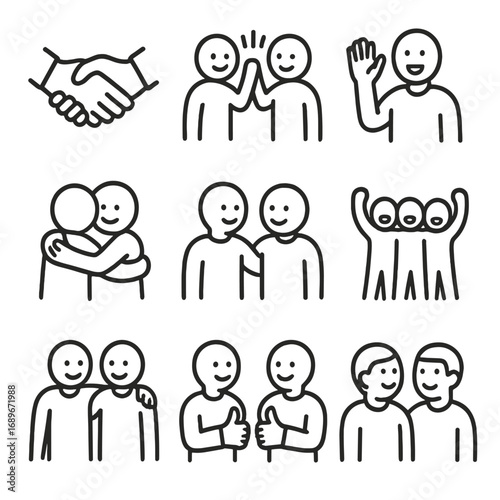 Friendly Gesture Icons. Line style icons of friendly social gestures: handshake icon, high five between people, waving hello,
