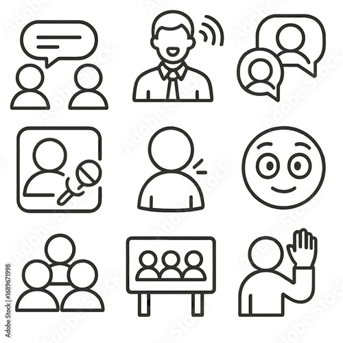 Avatar Interaction Icons. Line style icons of digital avatars in interaction: two avatars with chat line, animated character