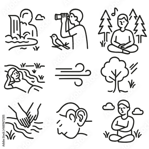 Relaxing Nature Icons. Line style icons of people relaxing with nature sounds: person by waterfall, birdwatching icon, listening