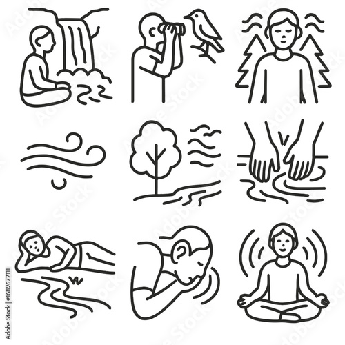 Relaxing Nature Icons. Line style icons of people relaxing with nature sounds: person by waterfall, birdwatching icon, listening