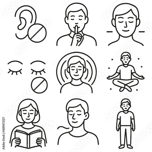 Quiet Line Style Icons. Line style icons of people enjoying silence: ear with silence icon, hush gesture figure, face in stillness