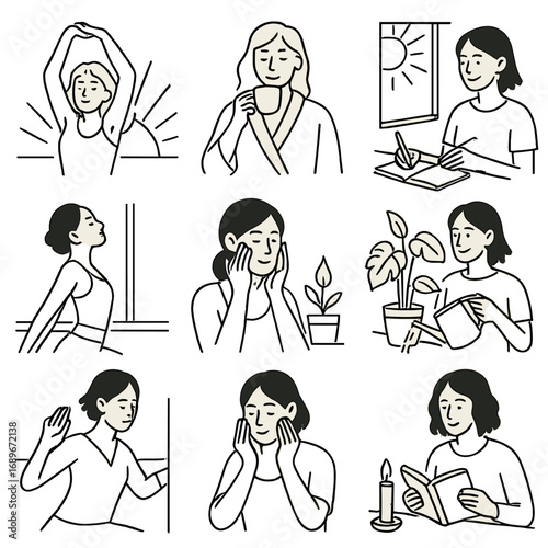 Mindful Morning Icons. Line style icons of slow mindful mornings: stretching at sunrise, sipping tea with robe, journaling in