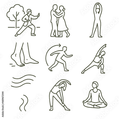 Gentle Movement Icons. Line style icons of gentle movement for relaxation: tai chi in park, slow dance silhouette, stretching arms