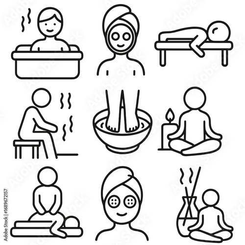 Spa Relaxation Icons. Line style icons of spa and wellness relaxation: person in hot tub, facial mask with towel, lying on massage