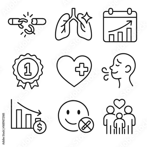 Icons of Quitting Smoking. Line style icons of motivation to quit smoking: broken chain from cigarette, lungs healing icon,