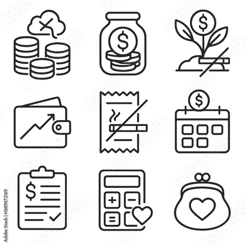 Financial Gains Icons. Line style icons of financial benefits of quitting: stacked coins with smoke cut, savings jar icon, money