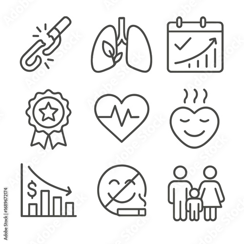 Icons of Quitting Smoking. Line style icons of motivation to quit smoking: broken chain from cigarette, lungs healing icon,