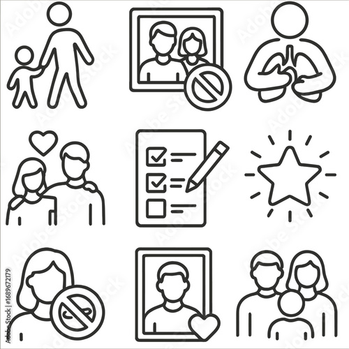Quit Smoking Motivations. Line style icons of emotional motivation to quit smoking: child holding parent’s hand, family photo with