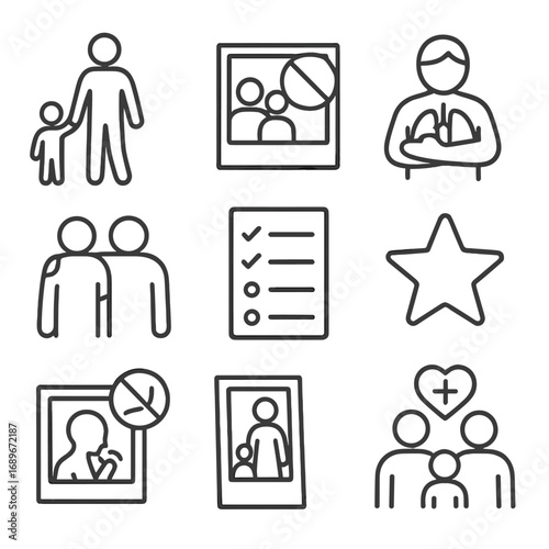 Quit Smoking Motivations. Line style icons of emotional motivation to quit smoking: child holding parent’s hand, family photo with