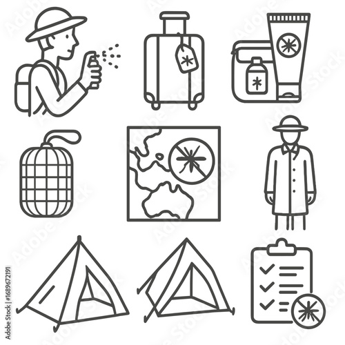 Mosquito Safety Travel Icons. Line style icons of travel mosquito safety: traveler applying spray, suitcase with mosquito tag,