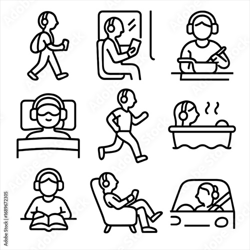 Audiobook Moments Icons. Line style icons of audiobook listening moments: person walking with earbuds, commuter on train with