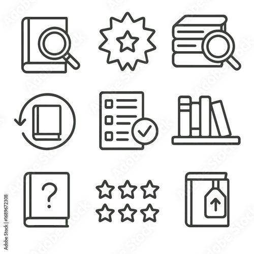 Literary Discovery Icons. Line style icons of literary discovery and exploration: magnifying glass over book cover, new release