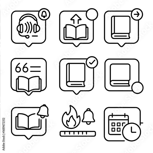 Digital Book Notification Icons. Line style icons of book-related digital notifications: audiobook reminder alert, new chapter