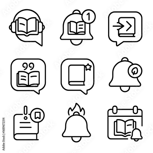 Digital Book Notification Icons. Line style icons of book-related digital notifications: audiobook reminder alert, new chapter