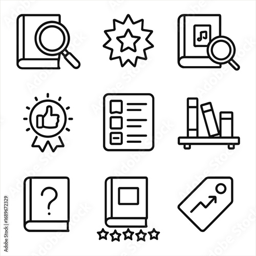 Literary Discovery Icons. Line style icons of literary discovery and exploration: magnifying glass over book cover, new release