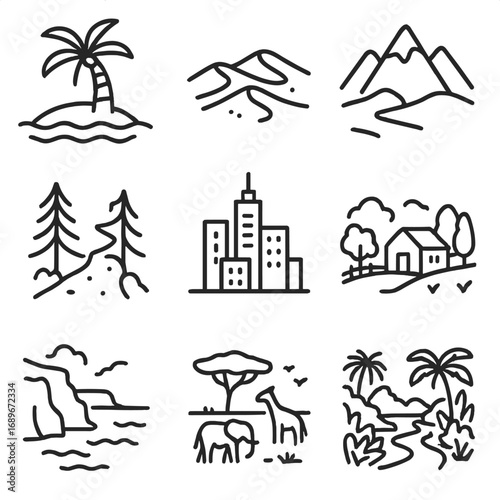 Global Destination Icons. Line style icons of global destinations and environments: tropical island icon, desert sand dunes, snowy