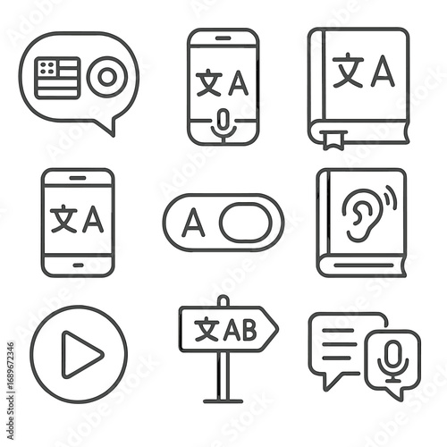 Multilingual Travel Icons. Line style icons of multilingual travel tools: speech bubble with flags, translation device icon,