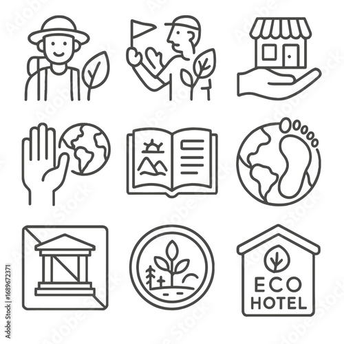 Sustainable Tourism Icons. Line style icons of global tourism impact and education: traveler with leaf icon, guided sustainability