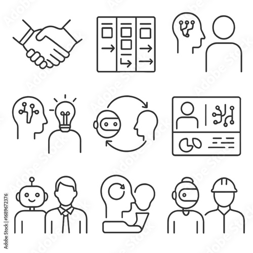 AI-Human Collaboration Icons. Line style icons of AI-human collaboration: robot handshake icon, shared task board, AI assistant