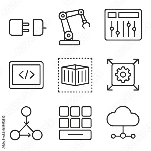 Modular Automation Icons. Line style icons of modular and scalable automation: plug-and-play component, modular robot system,