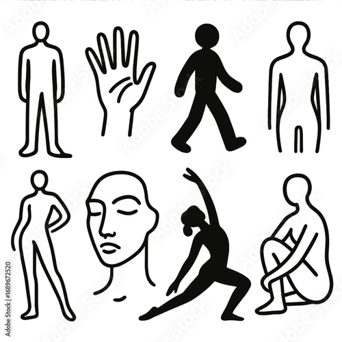 Abstract Human Icons. Line style icons of abstract human forms in black and white: standing figure with shadow, hand with contrast
