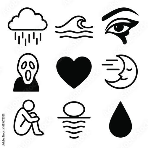 Emotional Icon Collection. Line style icons of emotional tone in black and white: melancholic cloud with lines, calm wave icon,