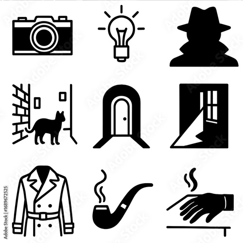 Film Noir Icons. Line style icons of photography and film noir: vintage camera in dark, flash bulb icon, detective with hat