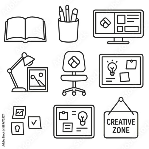 Creative Workspace Icons. Line style icons of workspace and creative environment: open sketchbook on desk, pencil cup holder,