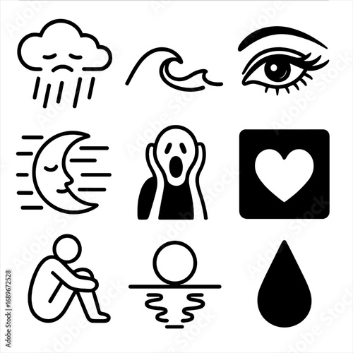Emotional Icon Collection. Line style icons of emotional tone in black and white: melancholic cloud with lines, calm wave icon,