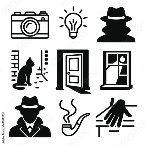 Film Noir Icons. Line style icons of photography and film noir: vintage camera in dark, flash bulb icon, detective with hat
