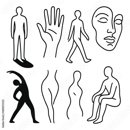 Abstract Human Icons. Line style icons of abstract human forms in black and white: standing figure with shadow, hand with contrast