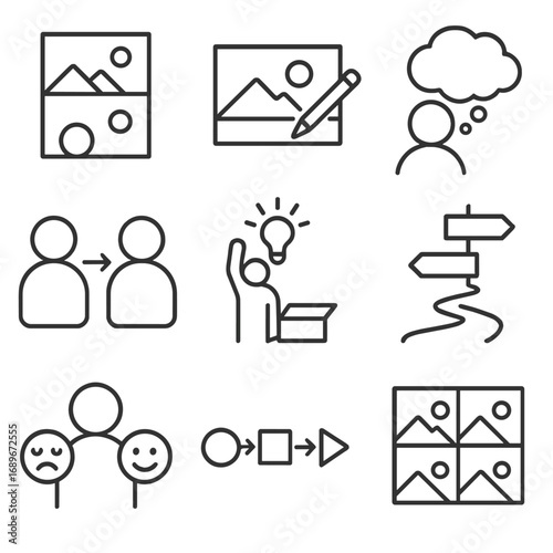 Visual Storytelling Icons. Line style icons of visual storytelling in communication: story panel sequence, scene development line,
